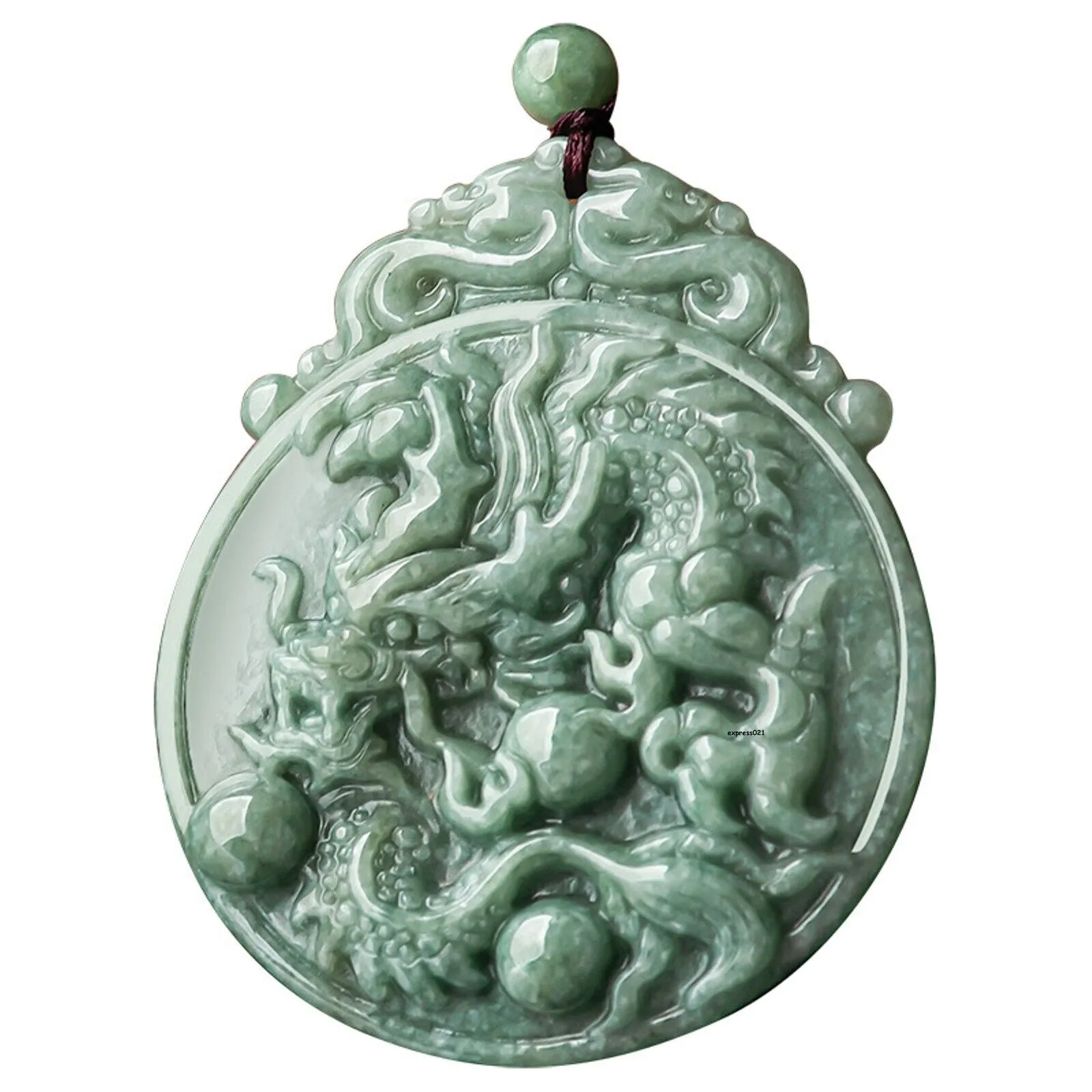 Jade Dragon Chasing the Flaming Pearl Pendant Necklace