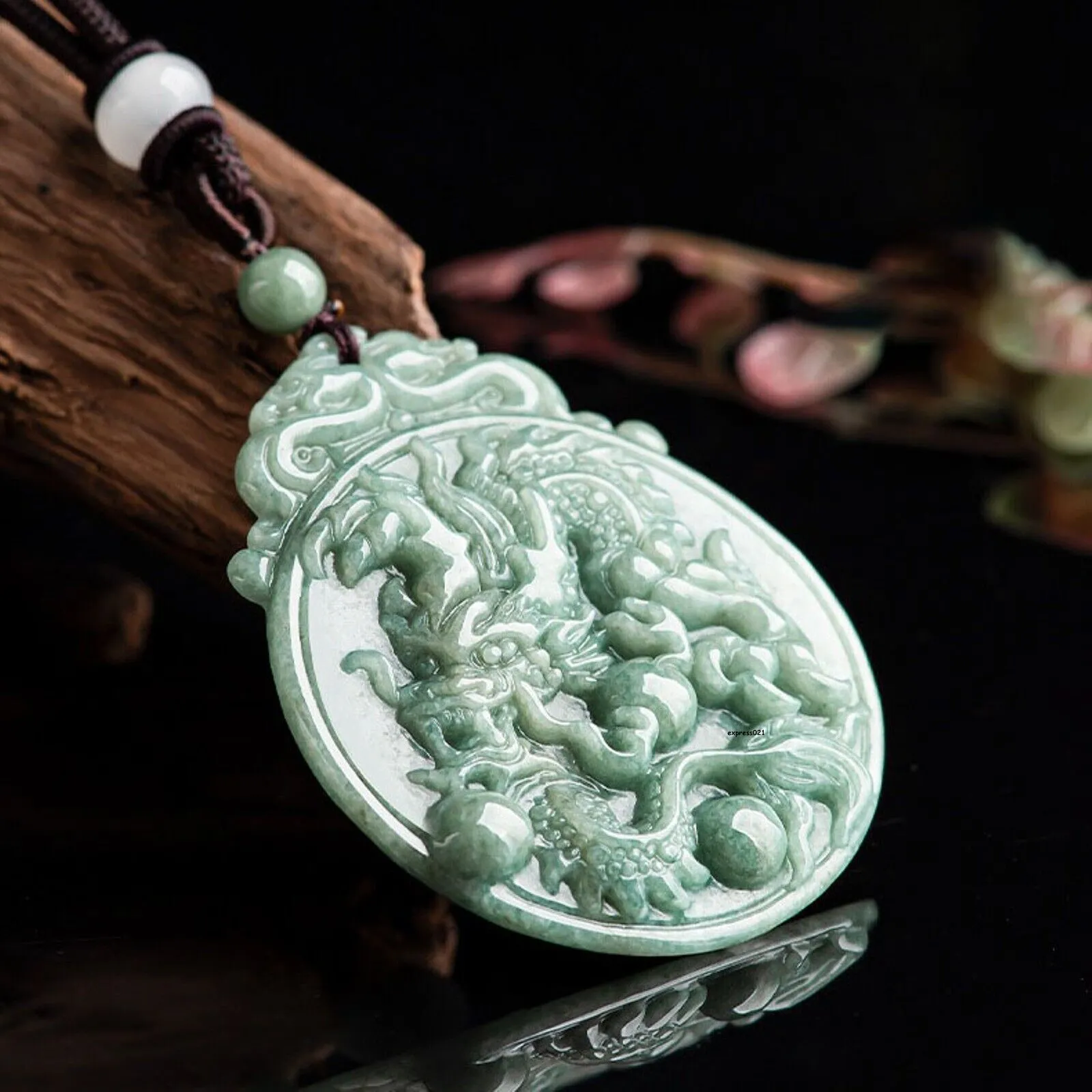 Jade Dragon Chasing the Flaming Pearl Pendant Necklace