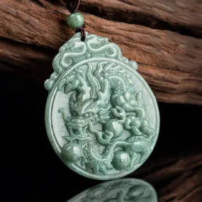 Jade Dragon Chasing the Flaming Pearl Pendant Necklace