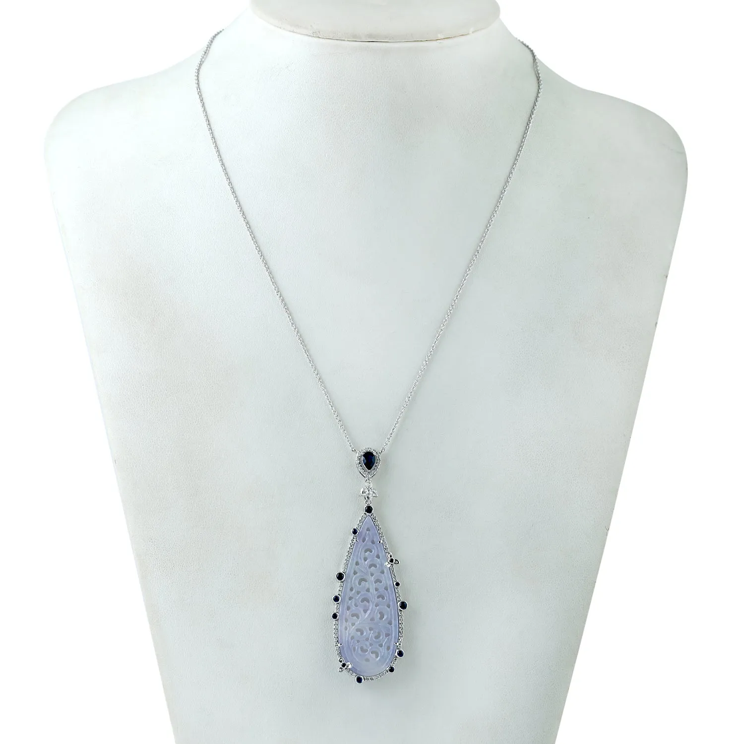 Jade Sapphire Diamond Pendant 18k White Gold Chain Necklace On Sale