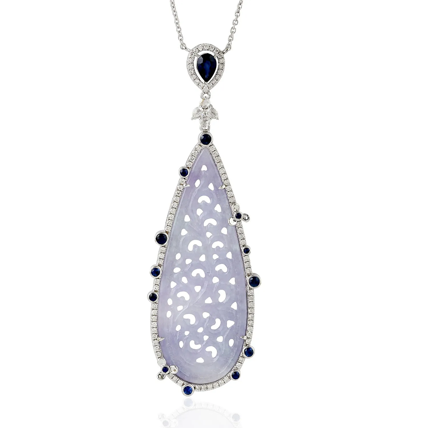 Jade Sapphire Diamond Pendant 18k White Gold Chain Necklace On Sale