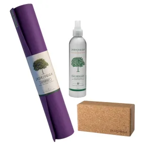 Jade Yoga Harmony Mat - Purple & Jade Yoga Cork Yoga Block - Small   Jade Yoga Plant Based Mat Wash - 8 oz Starter Kit