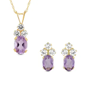 Jewelili 10K Yellow Gold with Oval Amethyst and Round Created White Sapphire Stud Earrings and Pendant Necklace, 18" Rope Chain Box Set