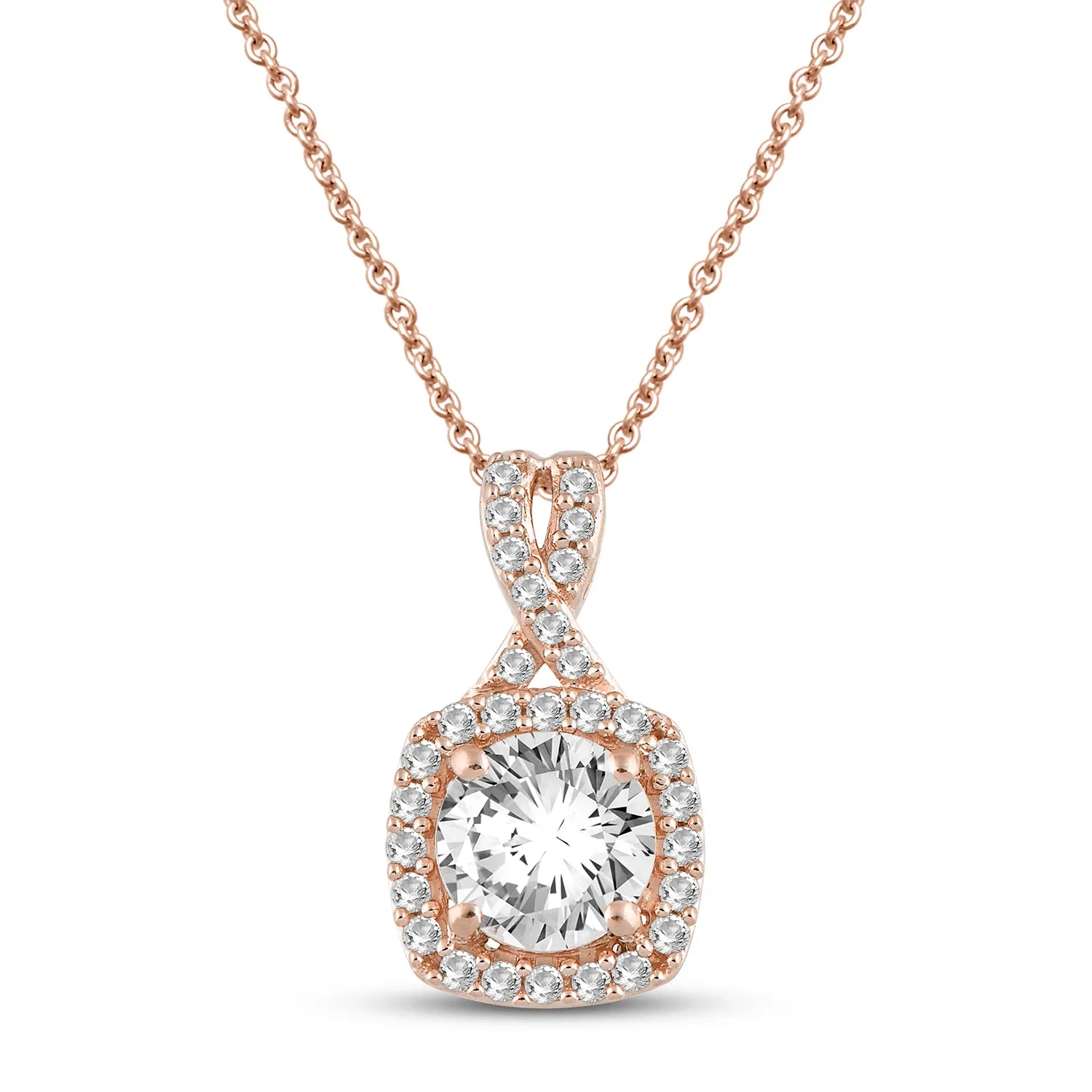 Jewelili 14K Rose Gold Over Sterling Silver With Round Created White Sapphire Cushion Shape Pendant Necklace