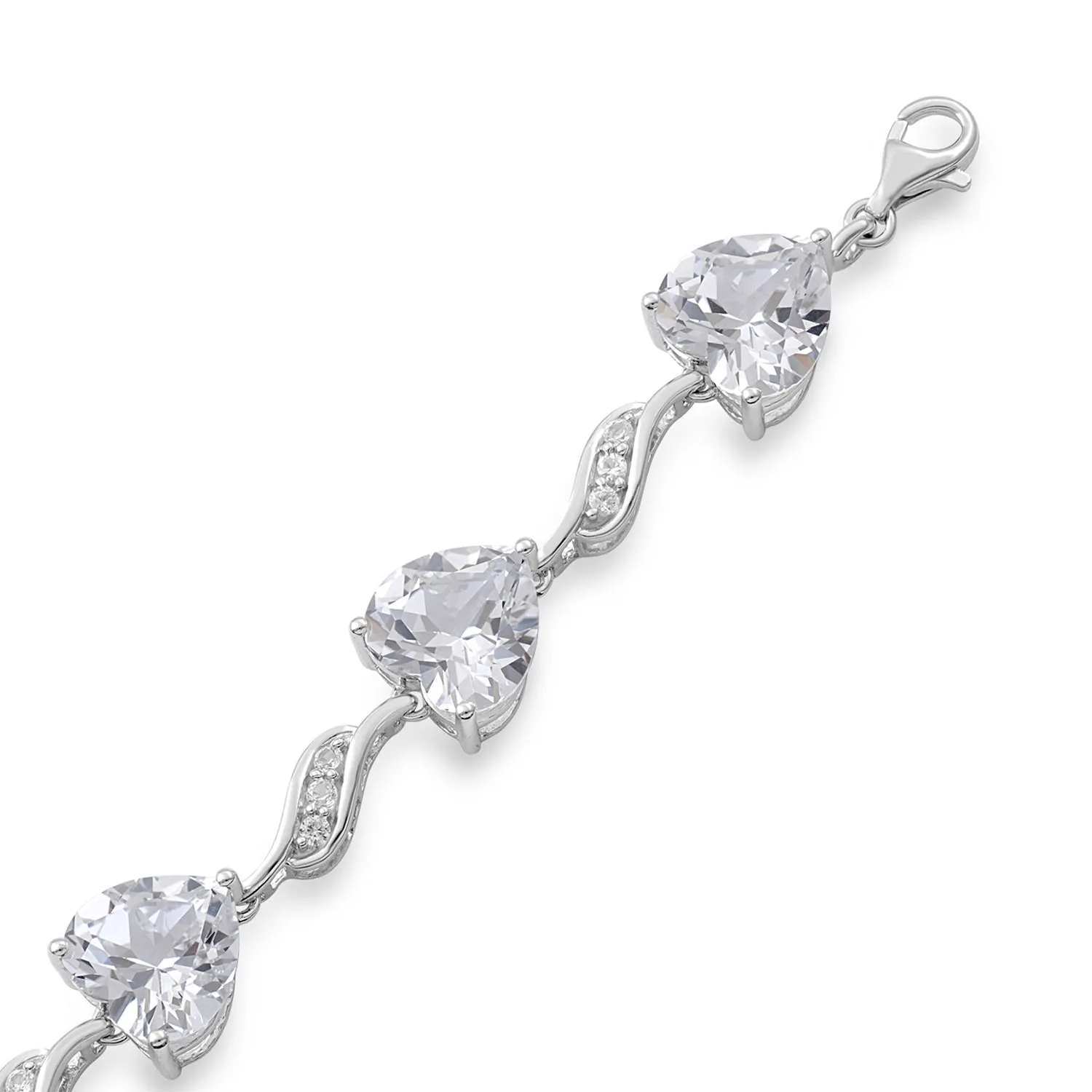 Jewelili Sterling Silver Heart and Round Shape Created White Sapphire Bracelet, 7.25"