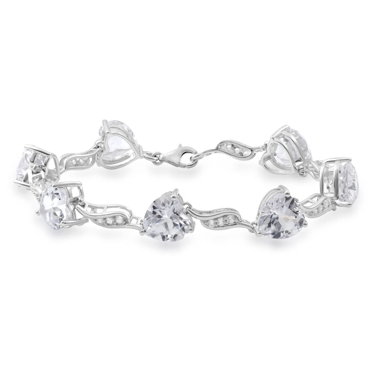 Jewelili Sterling Silver Heart and Round Shape Created White Sapphire Bracelet, 7.25"