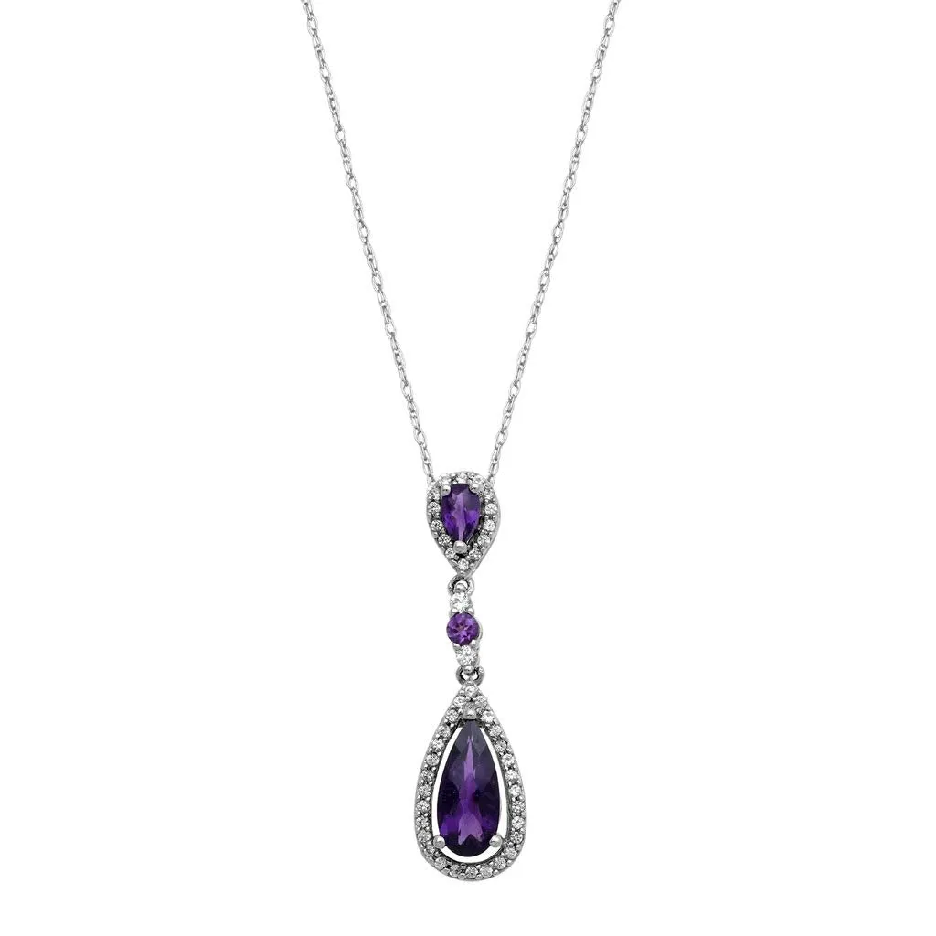 Jewelili Sterling Silver with Checkerboard Amethyst and Created White Sapphire Teardrop Pendant Necklace