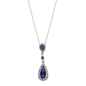 Jewelili Sterling Silver with Checkerboard Amethyst and Created White Sapphire Teardrop Pendant Necklace