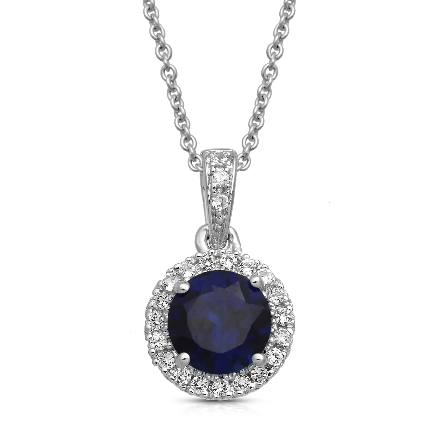 Jewelili Sterling Silver With Created Blue Sapphire and Created White Sapphire Halo Pendant Necklace