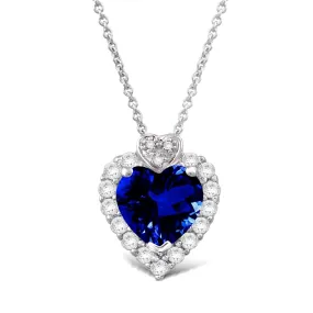 Jewelili Sterling Silver With Heart Shape Created Blue Sapphire and Round Shape Created White Sapphire Diamonds Pendant Necklace