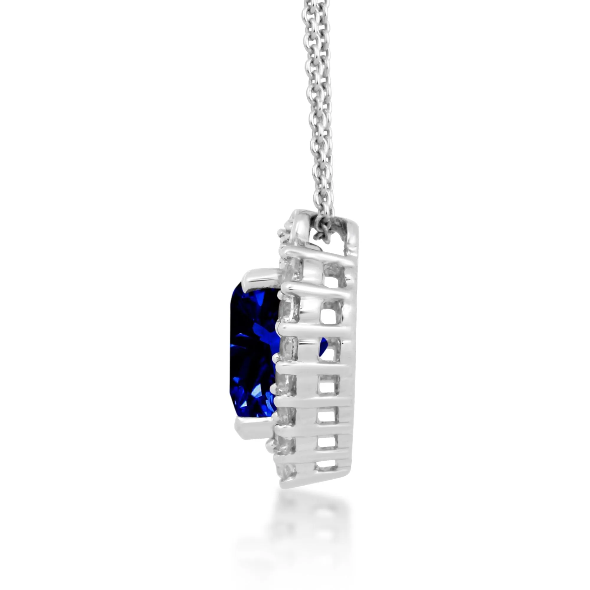 Jewelili Sterling Silver With Heart Shape Created Blue Sapphire and Round Shape Created White Sapphire Diamonds Pendant Necklace