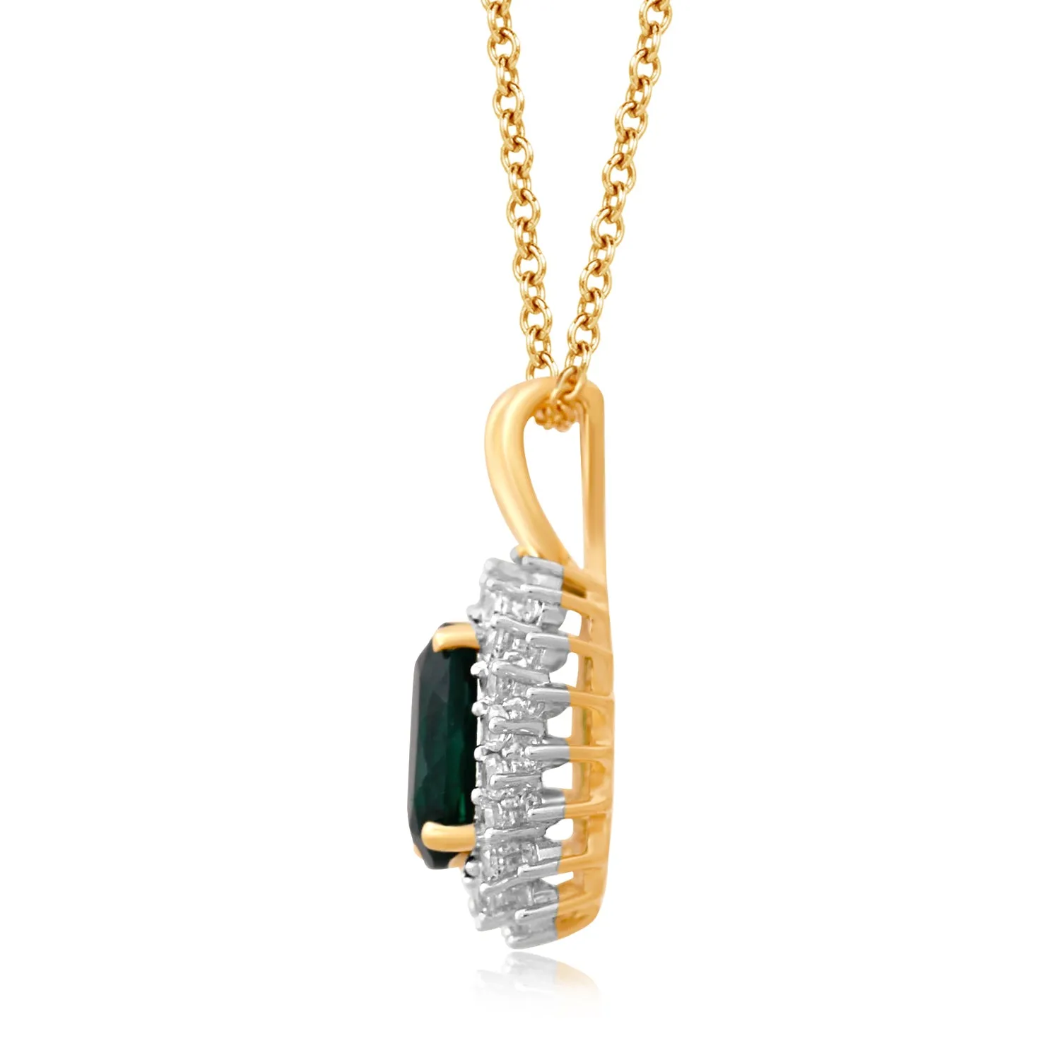 Jewelili Yellow Gold Over Sterling Silver With Oval Shape Created Emerald and Round Created White Sapphire Pendant Necklace