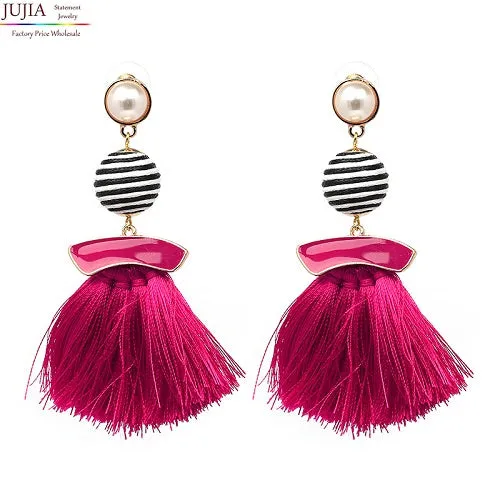 JUJIA  FALCON TASSEL EARRING HAND MADE STATEMENT EARRING MULTICOLOURED POMPOM FRINGED EARRING FASHION JEWELRY