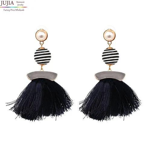 JUJIA  FALCON TASSEL EARRING HAND MADE STATEMENT EARRING MULTICOLOURED POMPOM FRINGED EARRING FASHION JEWELRY