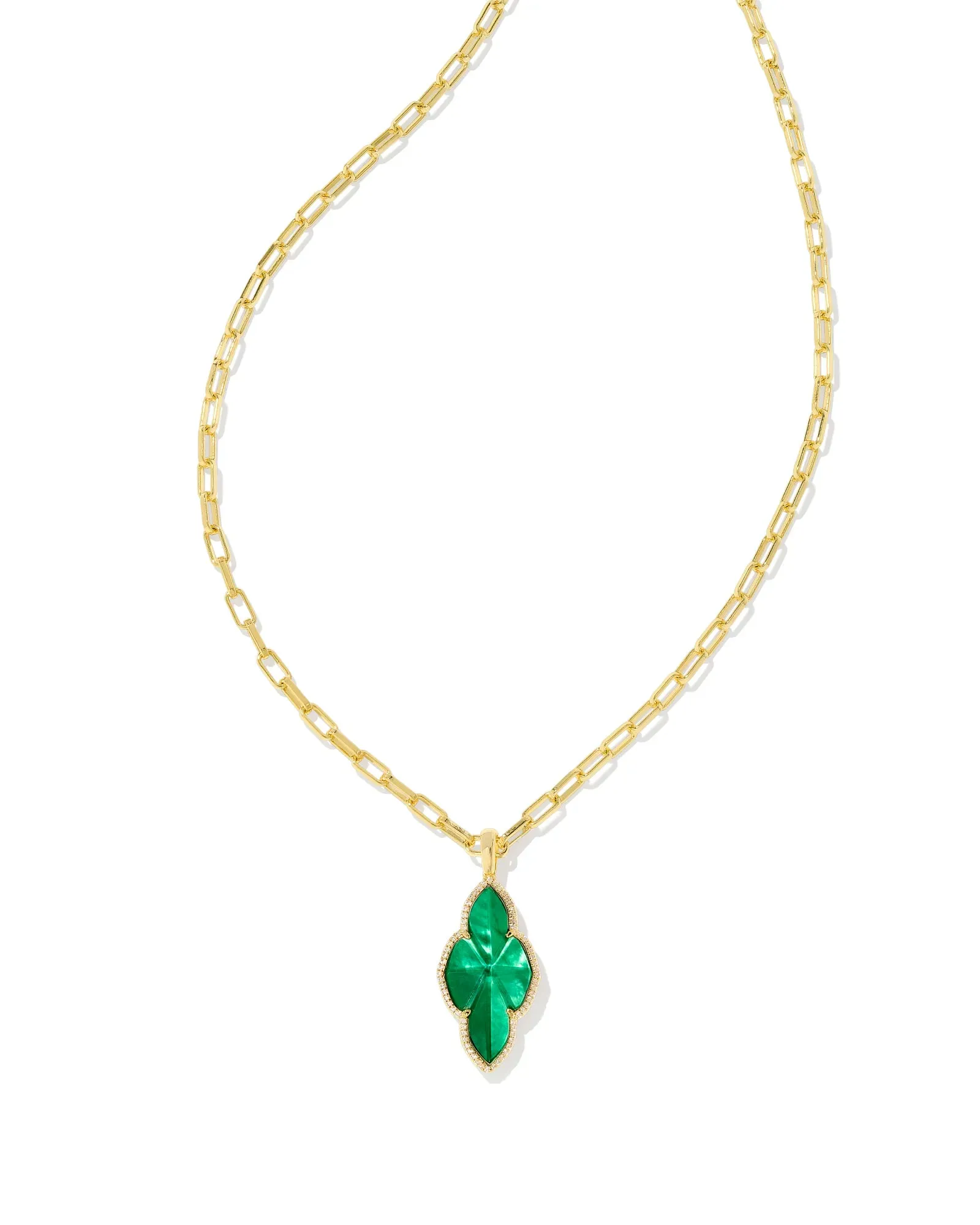 Kendra Scott |Abbie Gold Pave Frame Large Long Pendant Necklace in Emerald Green Illusion