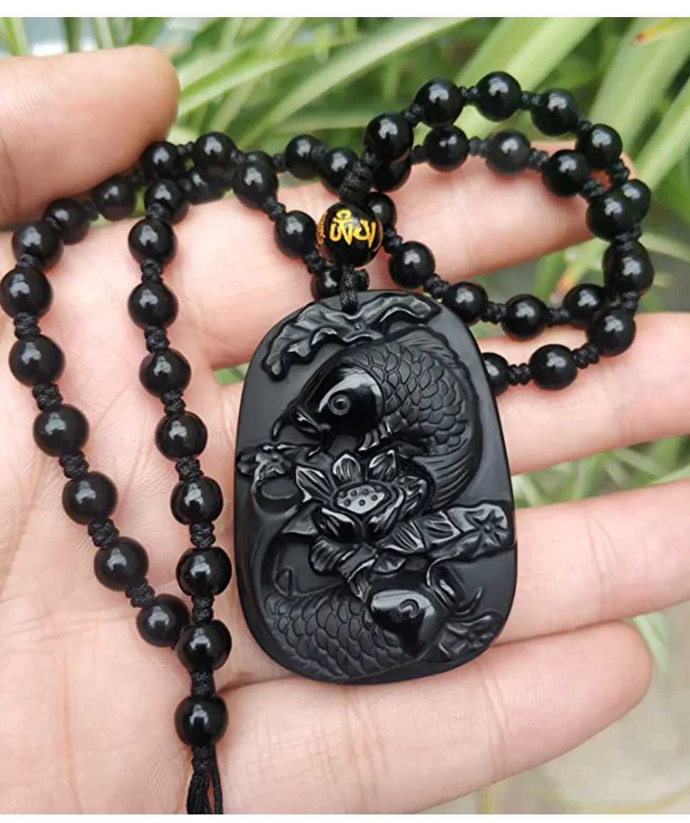 Koi Fish Necklace Black Obsidian Koi Fish Pendant Chinese Japanese Jewelry Asian Oriental Lucky Bead Chain Chord Gift 22in.