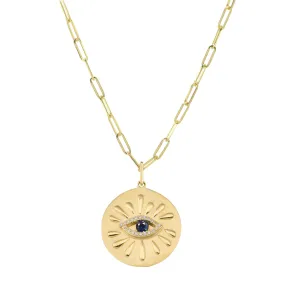 Large Gold Disk and Evil Eye Necklace With Diamonds