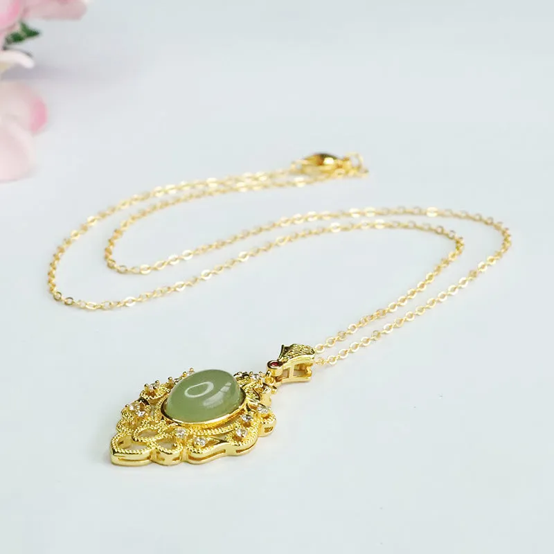 Leaf-Shaped Hetian Jade Pendant Necklace with Sterling Silver Chain