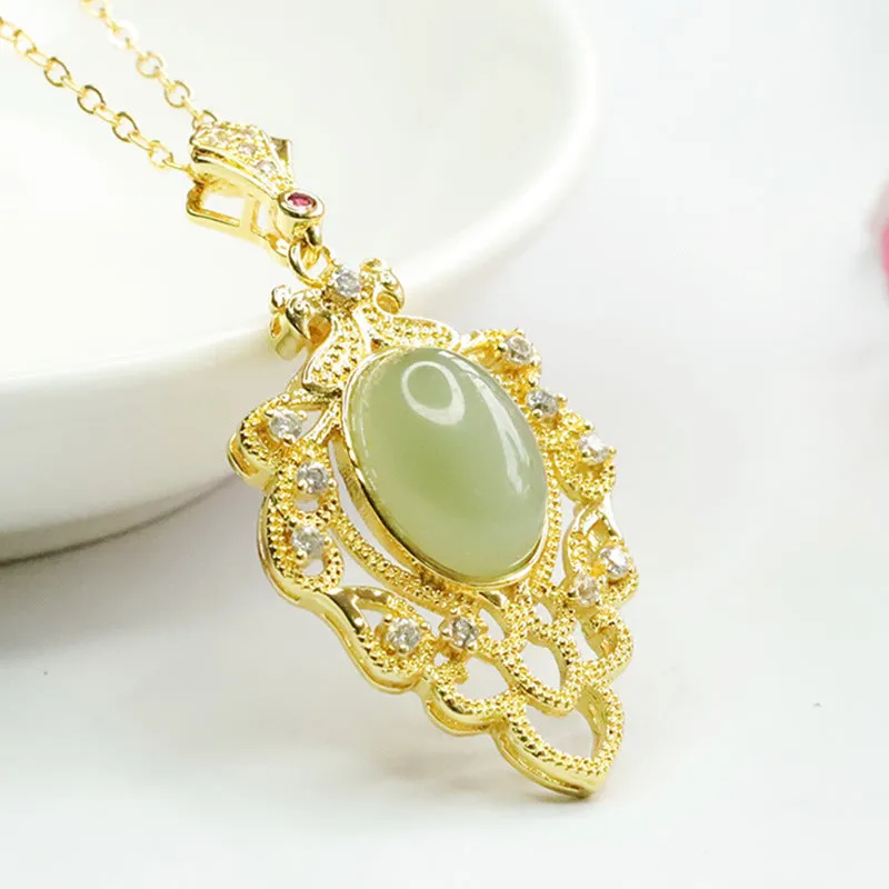 Leaf-Shaped Hetian Jade Pendant Necklace with Sterling Silver Chain