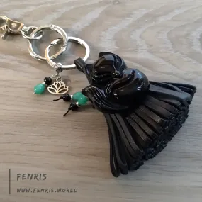 Leather Tassel Keychain Black Fox Obsidian Jade