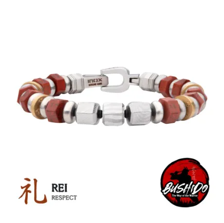 Men's 8mm Mokume Gane and Red Jasper Beads Bushido Virtue Bracelet, 8.50"