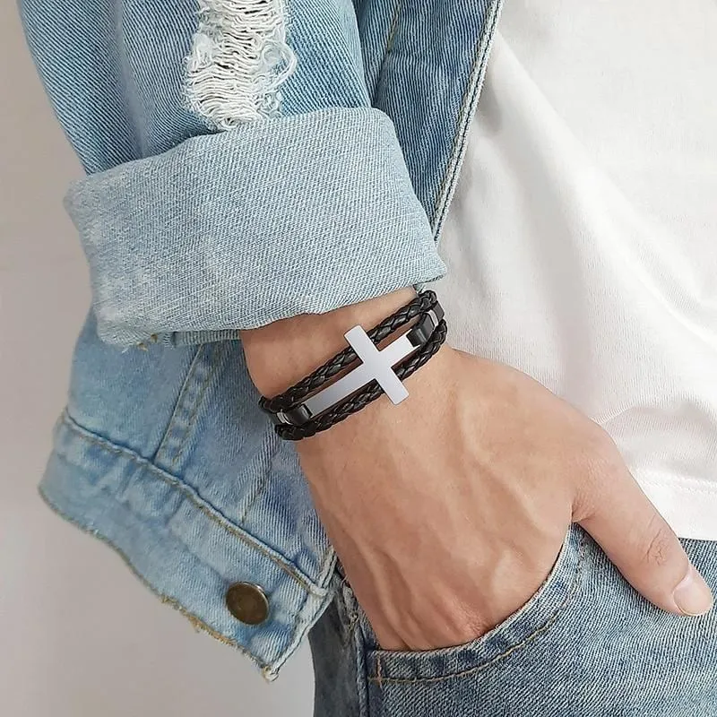 Men's Cross Bracelet <br> Multilayer Leather