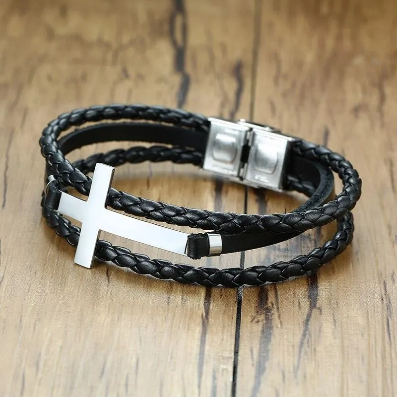 Men's Cross Bracelet <br> Multilayer Leather