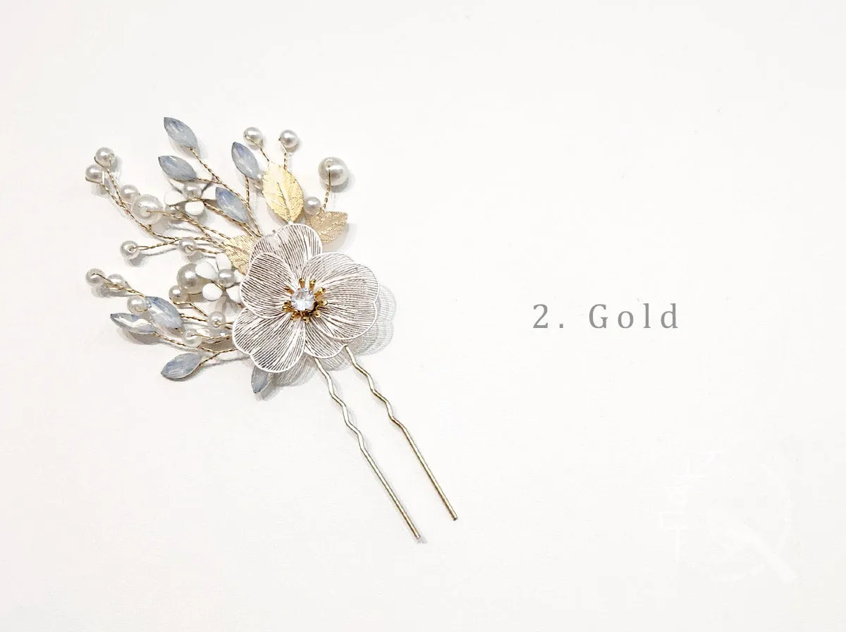 Metal Flower with Blue Gem Hairpin (2 Colors)