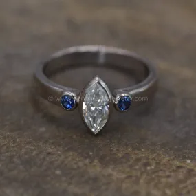 Moissanite Marquise and Dark Blue Sapphire  Palladium White Gold Vintage Inspired Engagement Ring - Hand Made - Nickel Free