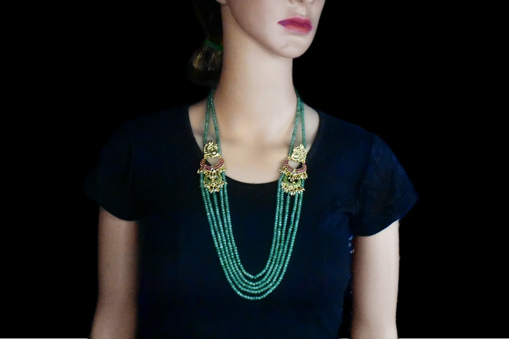 Multi Strand Emerald Beads Necklace With Peacock Side Pendants

By Asp Fashion Jewellery