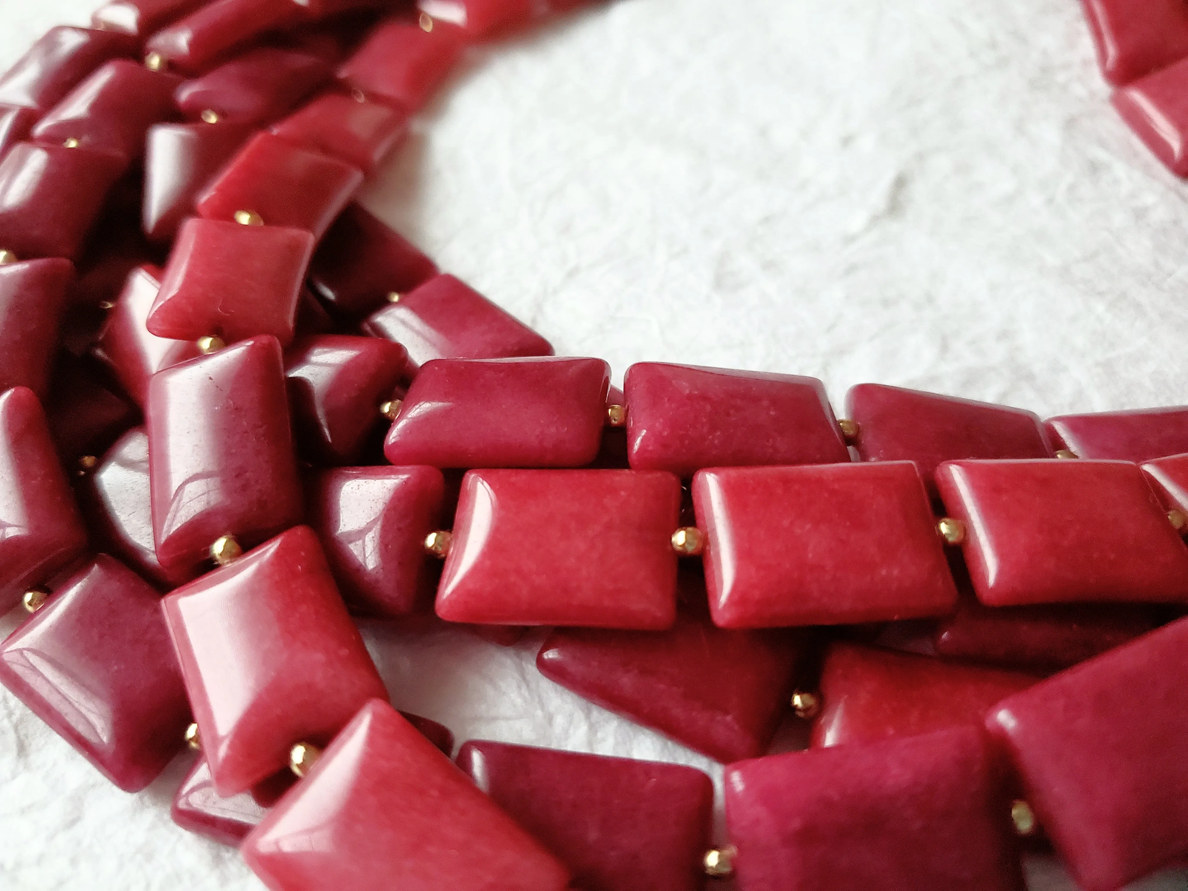 Multistrand Six Strand Raspberry Pink Dyed Jade Large Hammered Solid Brass Toggle Clasp Statement Necklace