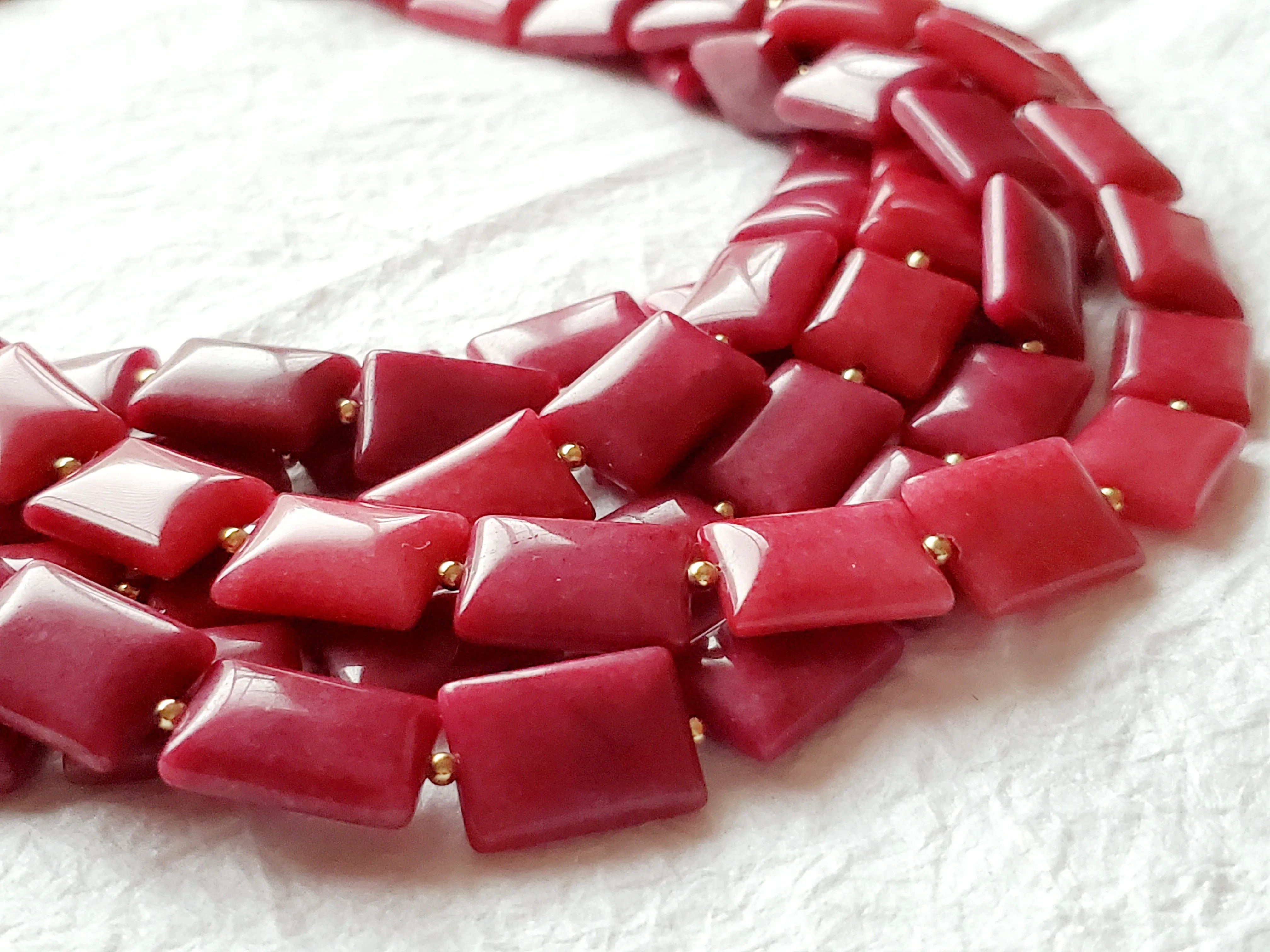 Multistrand Six Strand Raspberry Pink Dyed Jade Large Hammered Solid Brass Toggle Clasp Statement Necklace