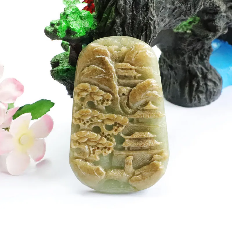 Myanmar Jade Landscape Sculptured Pendant Offering Fortune's Favor