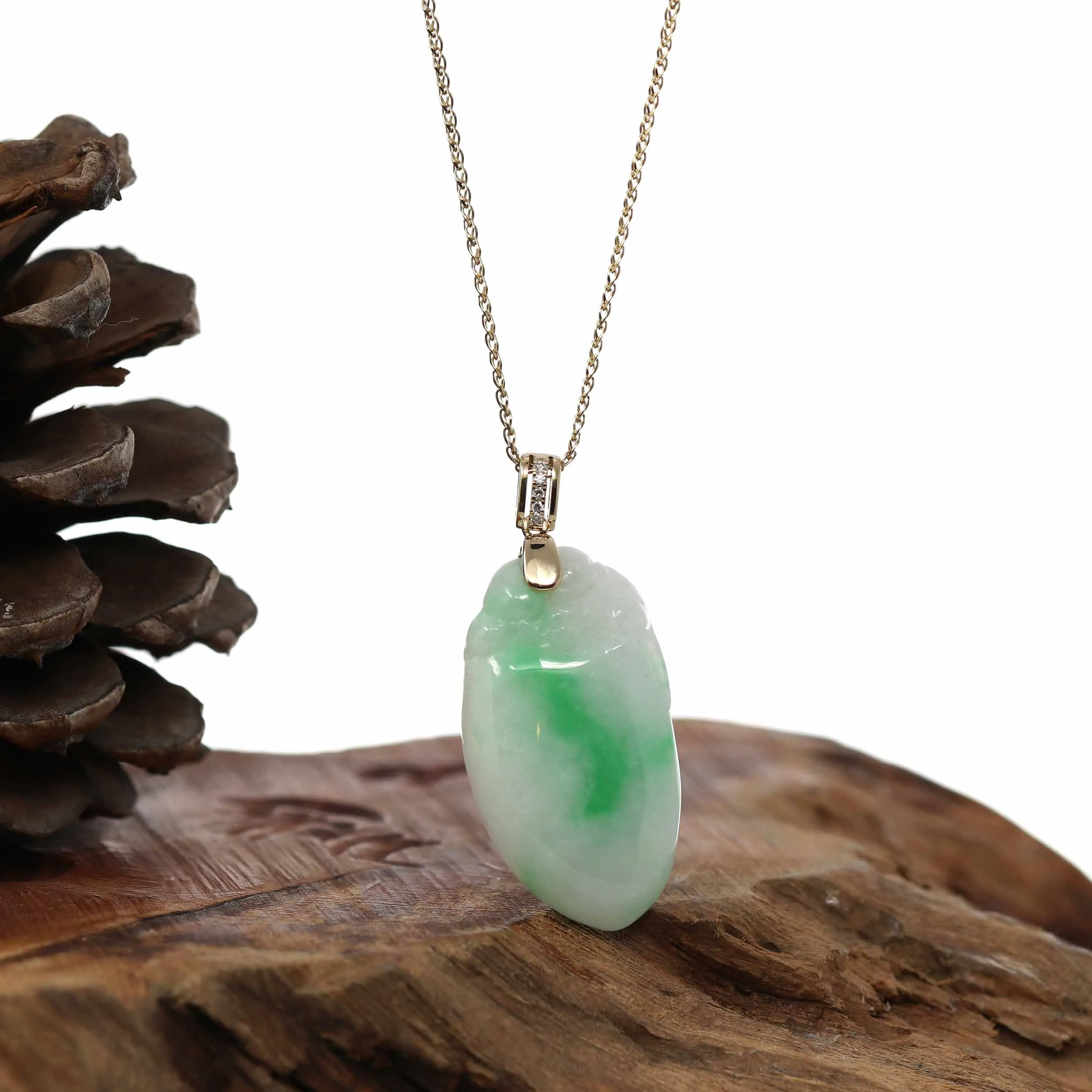 Natural Green Jadeite Jade Shou Tao (Longevity Peach) Necklace With 14k Yellow Gold Diamond Bail