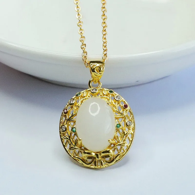 Natural Hotan Jade Pendant Oval White Jade Hollow Branch Bow Antique Necklace