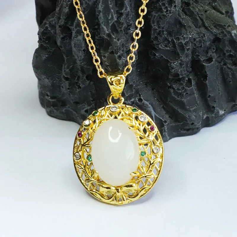 Natural Hotan Jade Pendant Oval White Jade Hollow Branch Bow Antique Necklace