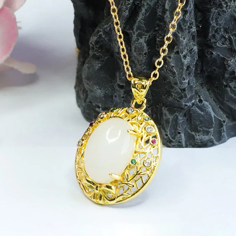 Natural Hotan Jade Pendant Oval White Jade Hollow Branch Bow Antique Necklace