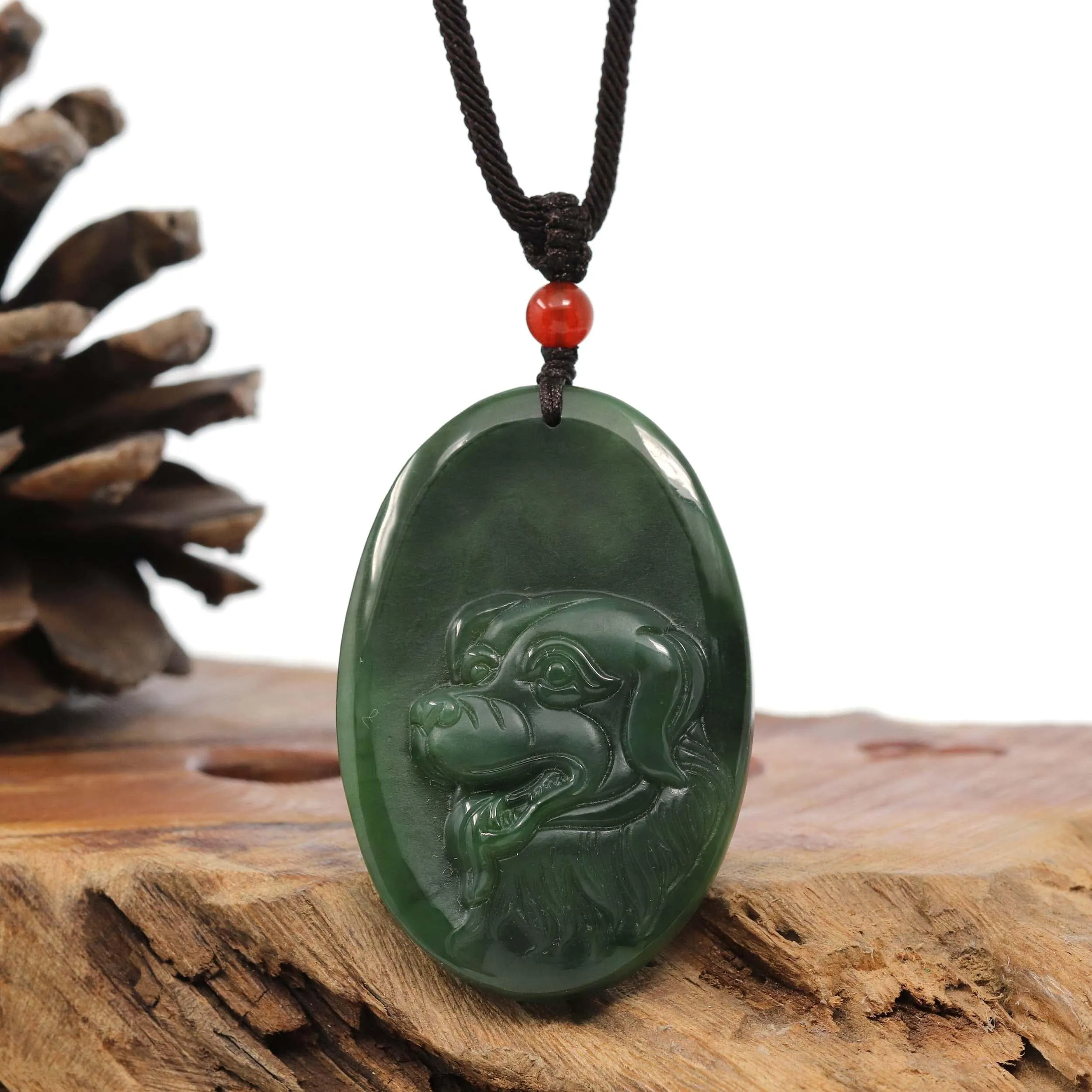 Natural Jade 12 Zodiac: Nephrite Jade Dog Pendant Necklace in Deep Green