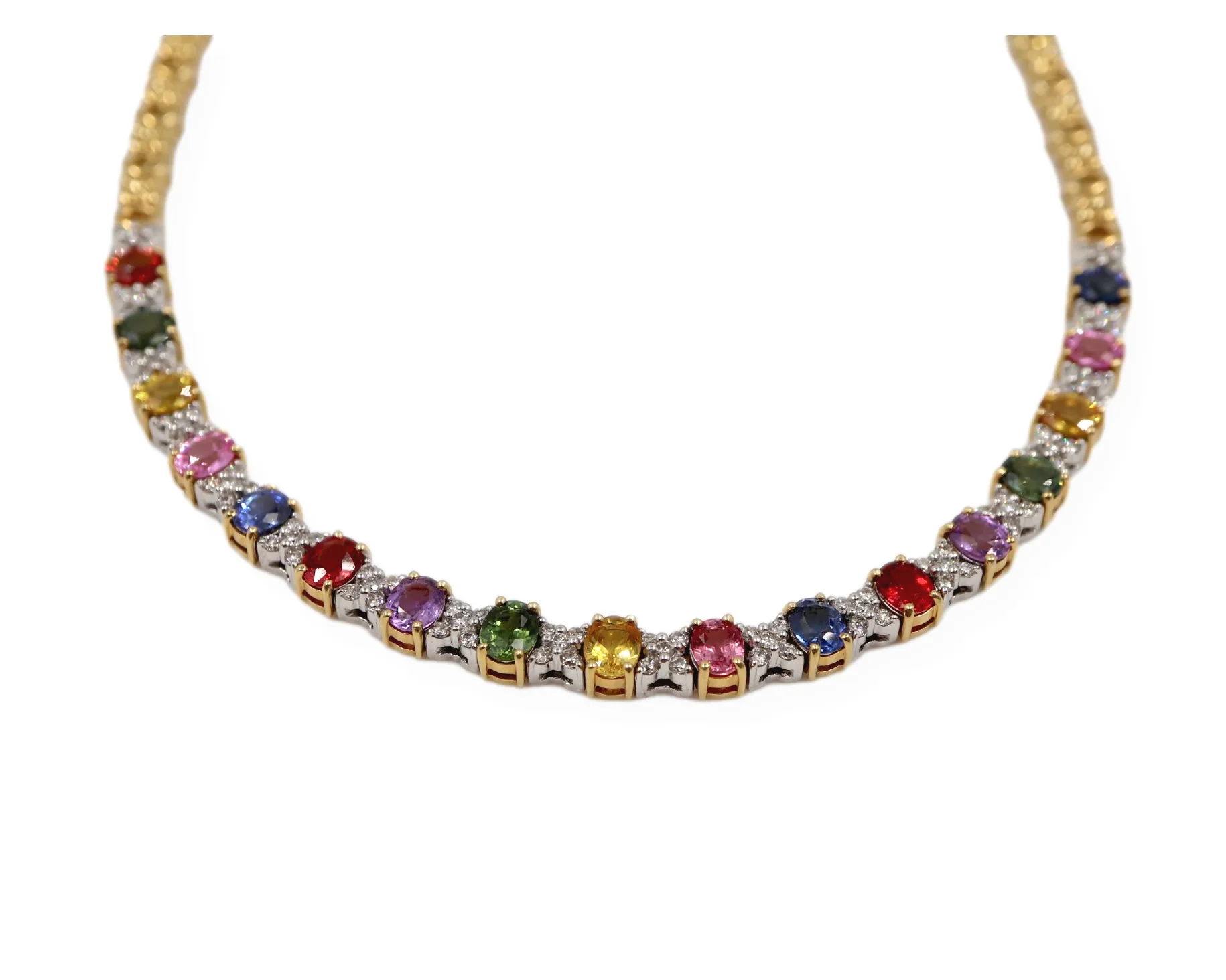 Natural Rainbow Sapphire Oval Cut And Diamond 18k Yellow Gold Necklace