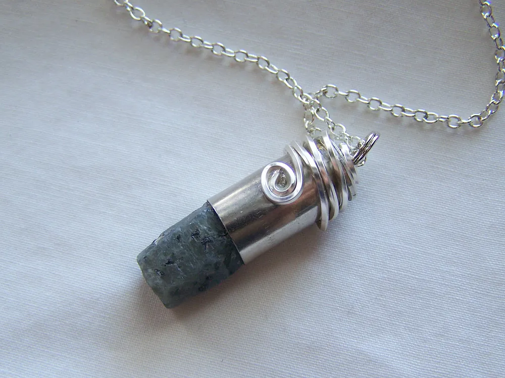 Natural Raw Sapphire Wire Wrapped Silver Bullet Pendant