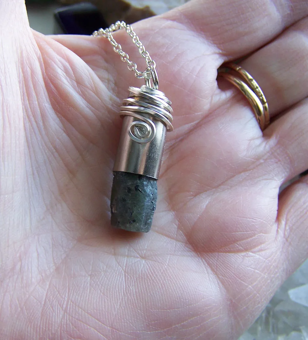 Natural Raw Sapphire Wire Wrapped Silver Bullet Pendant