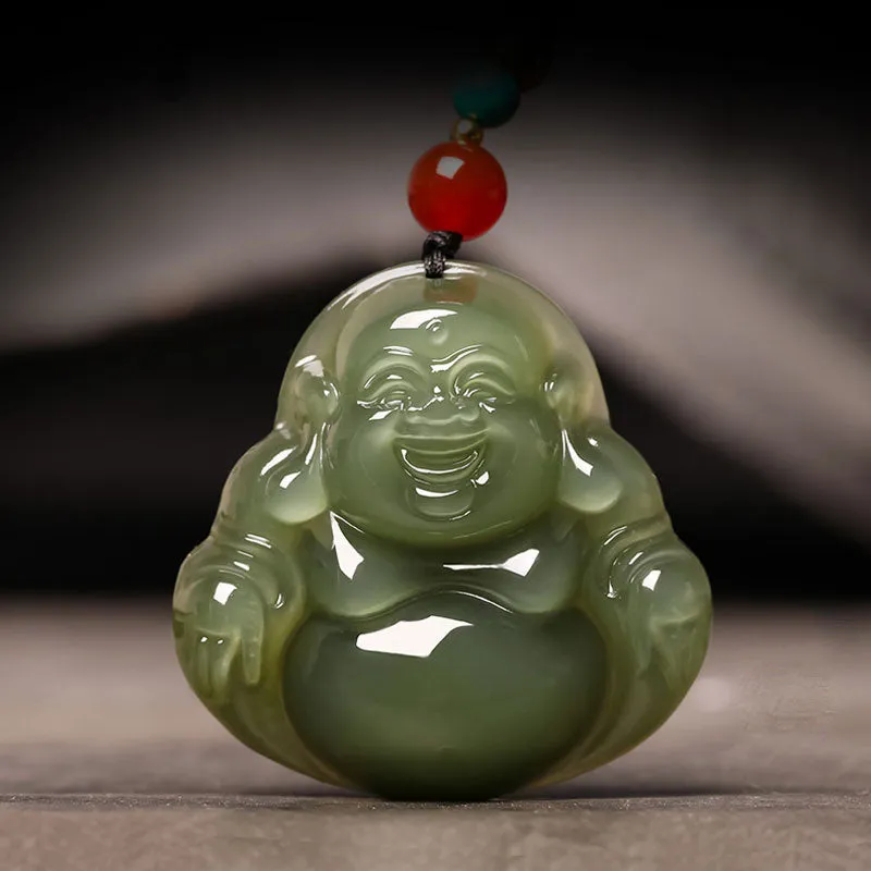 Natural Xinjiang Hetian Jade Green Jade Maitreya Buddha Jade Pendant Necklace