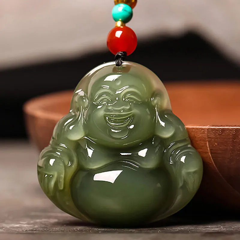 Natural Xinjiang Hetian Jade Green Jade Maitreya Buddha Jade Pendant Necklace