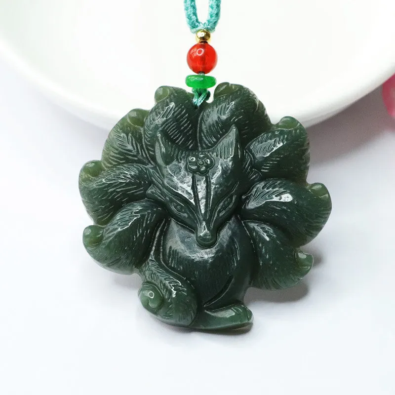 Nine-tailed Fox Fairy Sterling Silver Necklace with Natural Hetian Jade