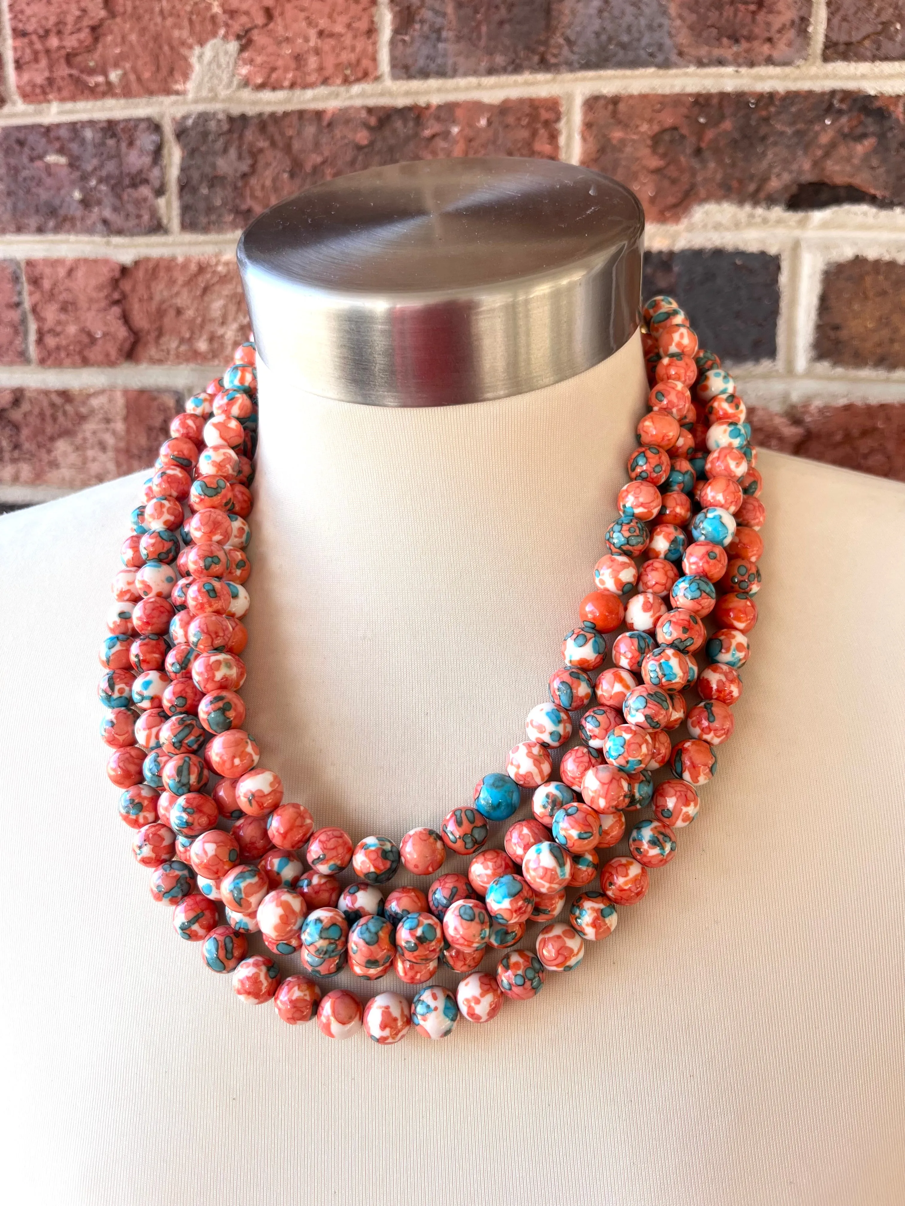 Orange Blue Jade Beaded Chunky Multi Strand Statement Necklace - Alana