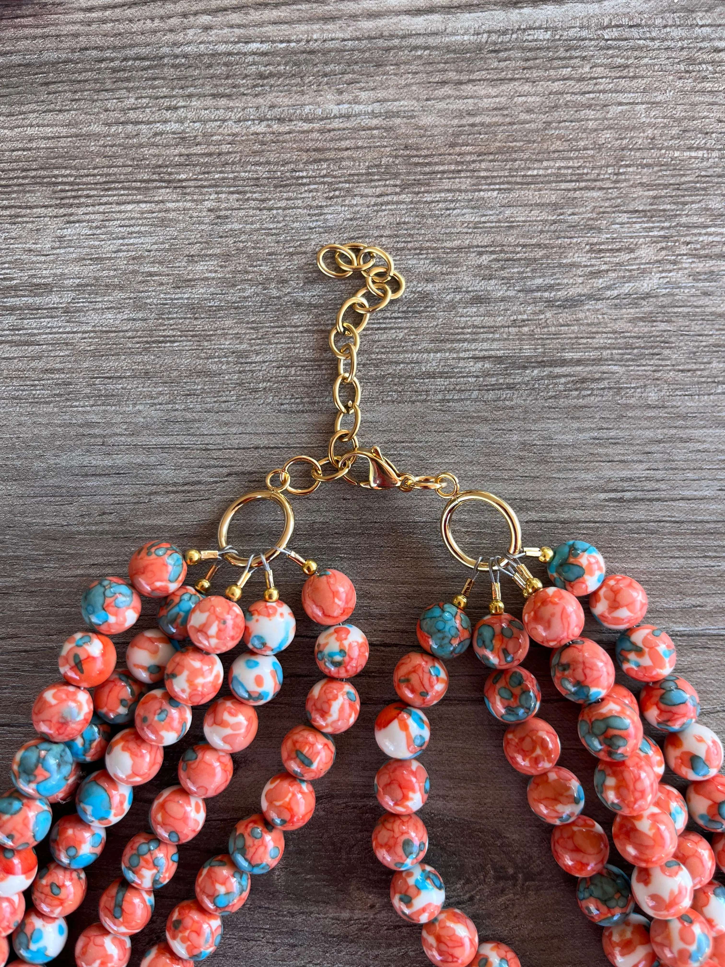 Orange Blue Jade Beaded Chunky Multi Strand Statement Necklace - Alana