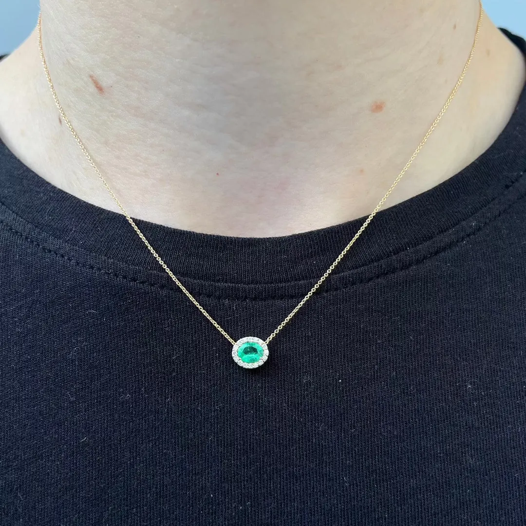 Oval Emerald & Diamond Pavé Halo 18K Gold Necklace