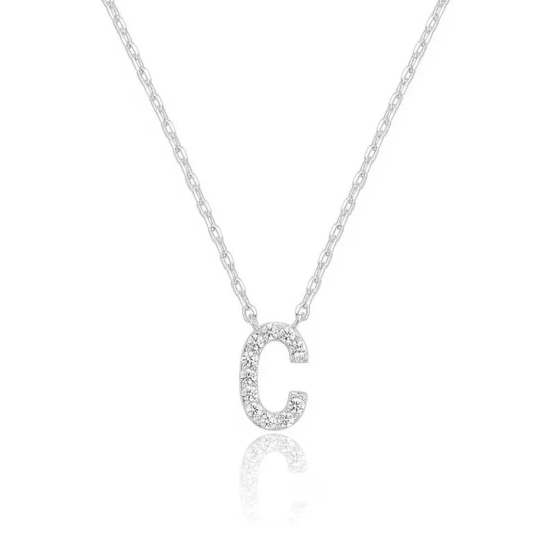 Paris Jewelry® 18K White Gold A-Z Alphabet Created White Sapphire Necklace Initial Plated