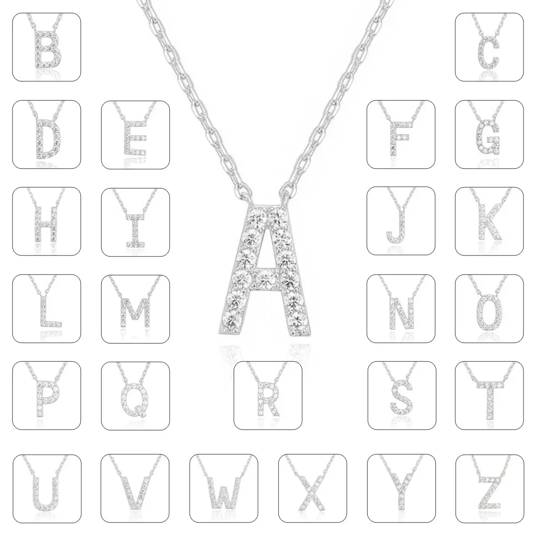 Paris Jewelry® 18K White Gold A-Z Alphabet Created White Sapphire Necklace Initial Plated