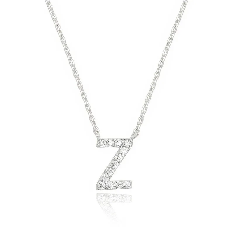 Paris Jewelry® 18K White Gold A-Z Alphabet Created White Sapphire Necklace Initial Plated